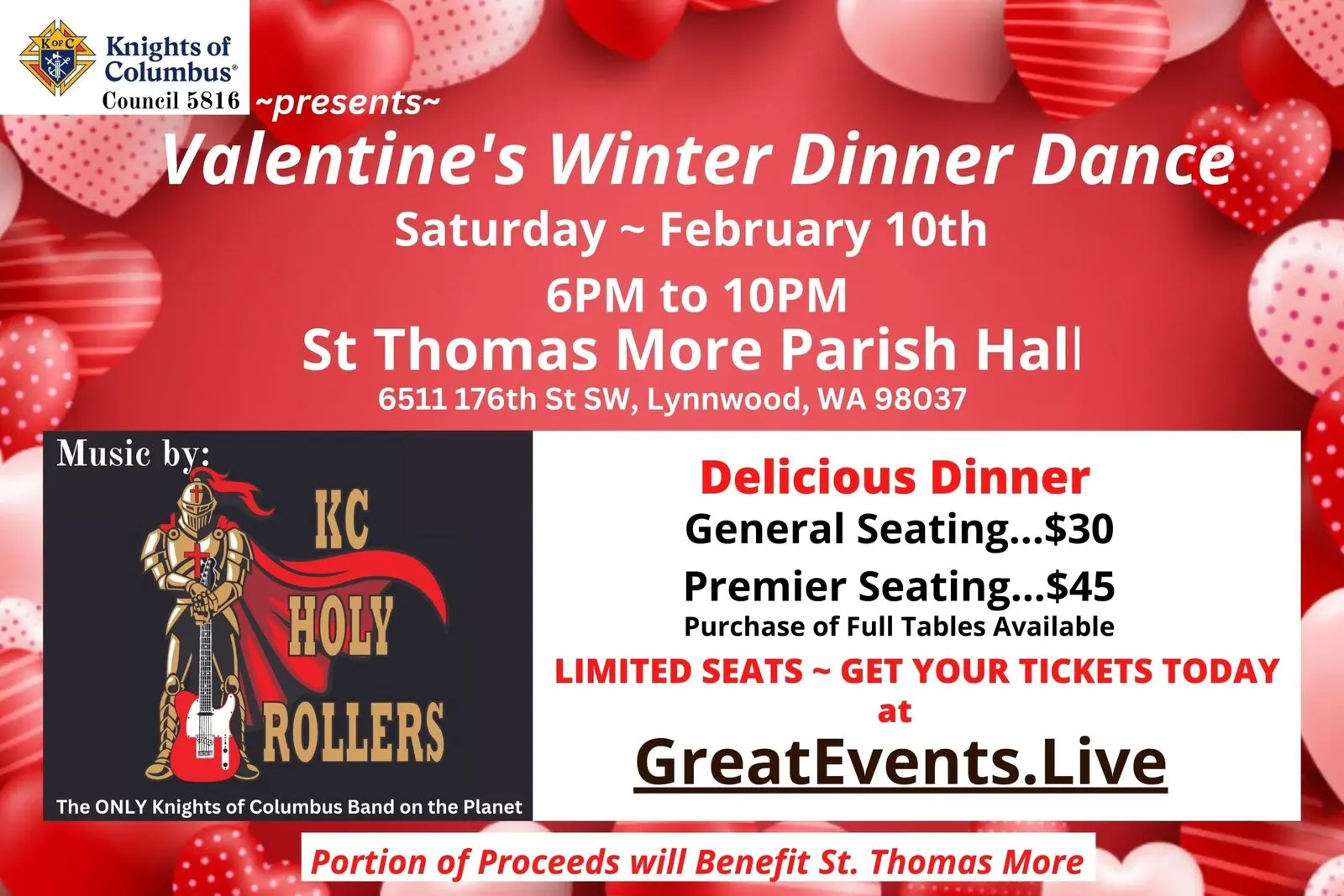 Poster for the 2024 Valentine’s Dinner Dance at St. Thomas More